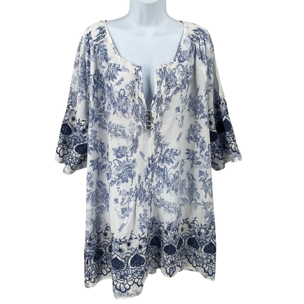 Soft Surroundings Tunic Women 2X Blue White Cotton Floral Toile Boho Coastal
